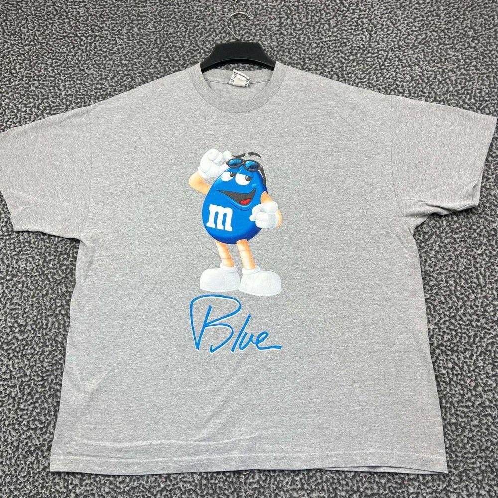 Vintage M&Ms Blue Character Graphic Shirt Men 2XL Gray Short Sleeve